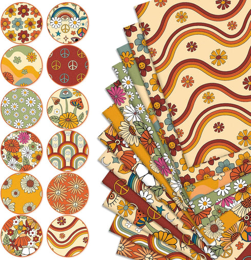 Whaline 12Pcs Retro Floral Cotton Fabric Bundles 10 x 10 Inch Hippie Groovy Boho Rainbow Printed Fat Quarters Boho Quilting Patchwork for DIY Hand...