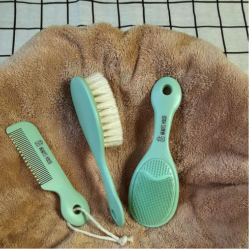 3 Piece Baby Hair Brush & Comb Set for Newborns- Soft Goat Bristle Hair-Brush, Silicone Bath Brush and Plastic Comb for Infant, Toddler, Kids - Ba...