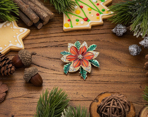 RareLove Vintage Christmas Poinsettia Brooch, Red with Green Leafs Poinsettia Flower Wreath CZ Rhinestone Crystal Christmas Pins and Brooches for ...