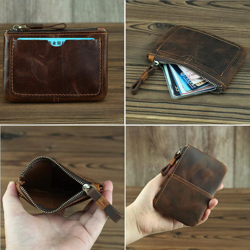 Genuine Leather Coin Purse Pouch for Women Men Vintage Cowhide Grain Leather Slim Mini Wallet Metal Zipper with Real Leather handle (Dark Brown)...