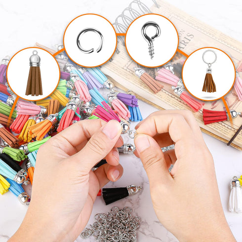 Keychain Tassels Jewelry Key Charms - 300pcs Keychain Tassels Bulk, 100pcs Key Chain Tassles, 100pcs Jump Rings, 100pcs Screw Eye Pins Hooks, Leat...