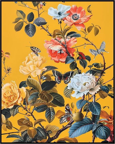 Posterizer 1 pcs-bright background-vibrant flowers , butterflies-Floral & Botanical Art-Abstract & Modern Art-Decor for Home & Office- UNFRAMED Wa...