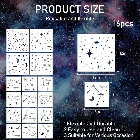 Star Stencils for Painting, 16 Pcs Star Moon Stencils for Painting on Wood Wall Painting Template, Large Reusable Star Zodiac Constellation Stenci...