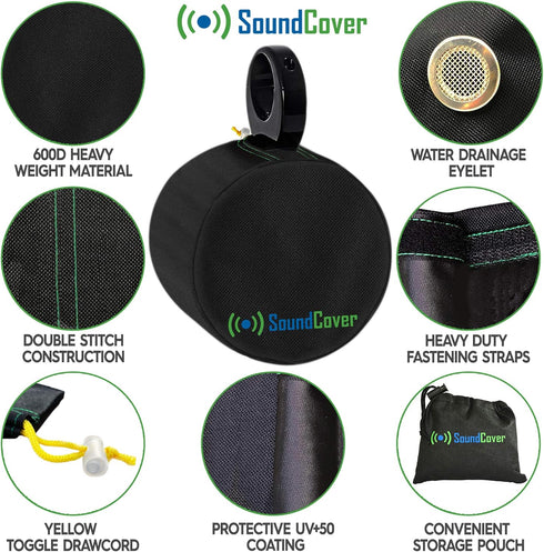Two Large Black Heavy Duty Marine Wakeboard Tower Pod Speaker Covers for Large Round Boat Speakers - Cover Dimensions: Height 14" x Width 14" x De...