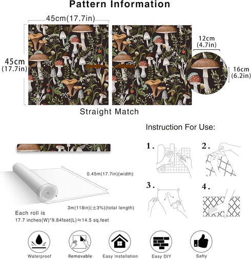 HAOKHOME 93279 Peel and Stick Wallpaper Boho Mushroom Removable Stick on Forest Contact Paper for Bathroom Black/Brown/Green 17.7in x 9.8ft...