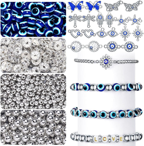 920 Pieces Evil Eye Charms Kits includes 20 Rhinestone Charms 100 Evil Eye Beads 100 Rondelle Spacer Bead 500 4mm and 200 8mm Round Beaded for DIY...