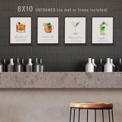 Old Fashioned Cocktail Wall Art - MIX & MATCH Bar Cart Decor - Illustrated Alcohol Posters with Cocktail Recipes - Bar Wall Art Cocktail Posters -...