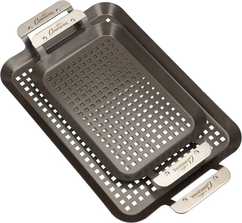 Camerons BBQ Grill Topper Grilling Pans (Set of 2)- Non-Stick Barbecue Trays w Stainless Steel Handles - Indoor Outdoor use for Barbecue & Smoked ...