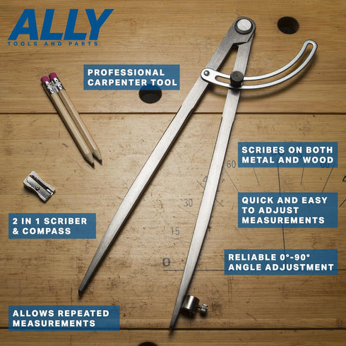 ALLY Tools 12 Inch Precision Locking Wing Divider/Woodworking Compass with Pencil Holder INCLUDES Two Pencils and Pencil Sharpener Ideal for Drawi...