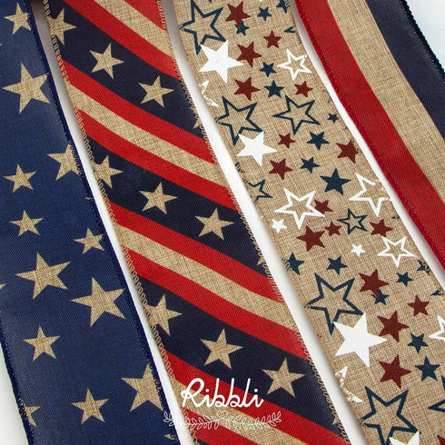 Ribbli Rustic Patriotic Ribbon Wired,4 Rolls Stars and Stripes Burlap Ribbon,2-1/2 Inch Total 60 Feets(20 Yards), Patriotic Ribbon for Crafts,Wrea...