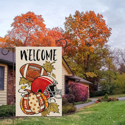 Fall Football Welcome Garden Flag 12 x 18 Inch Vertical Double Sided Burlap, Autunm Pumpkin Sports Game Day Flag for Yard Thanksgiving Holiday Out...