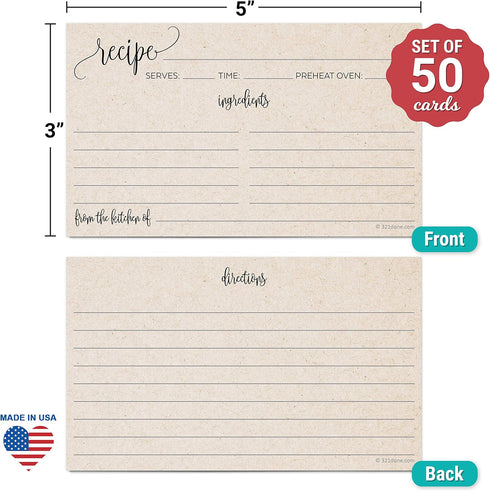 321Done Small Recipe Cards (Set of 50) 3x5 From the Kitchen Of, Modern Scribble Kraft Tan Rustic Boho Minimalist for Wedding, Bridal Shower Double...