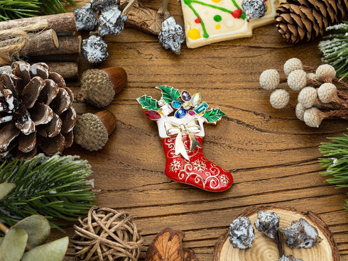 RareLove Christmas Brooch Red Stocking with Holly Snowflake Gold Bow Enamel Pin Rhinestone Brooch Christmas Pin for Women, Cute Pins,Christmas Jew...