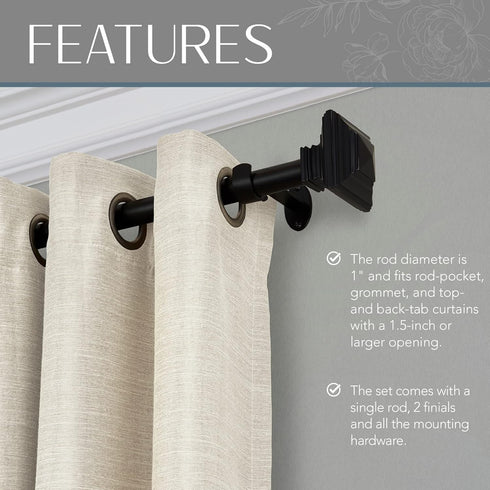 Elrene Home Fashions Florence Single Curtain Rod with Stacked Square Finials, 1" Diameter, (Antique Black), (28X48)...