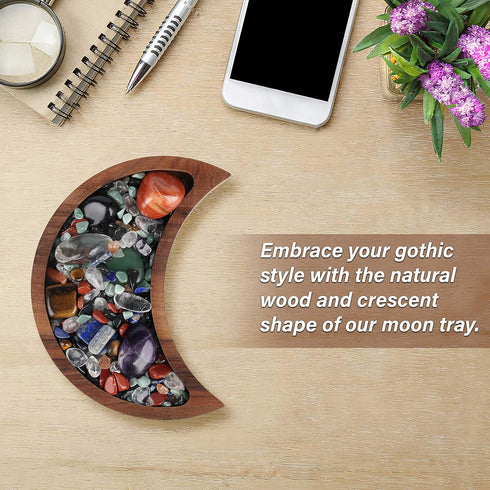 Curawood Crescent Moon Tray - Showcase Your Gems, Healing Stones & Treasures - 6"x3" Wooden Crystal Display Tray, Crystal Holder for Stones Displa...