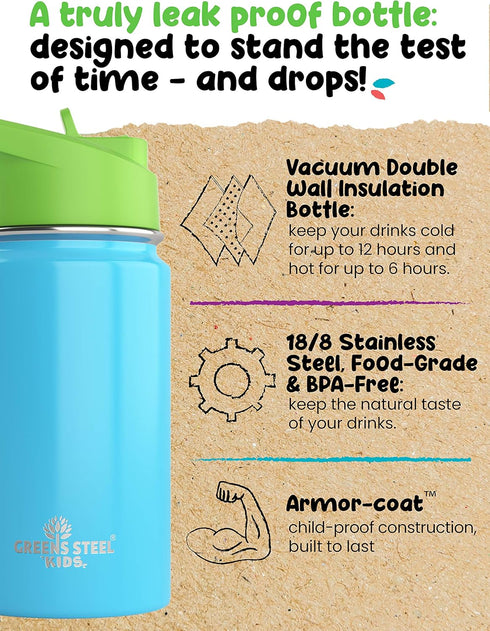 Kids Water Bottle - 12oz Blue | Leak Proof With Straw & Handle | 24 Hours Cold | Insulated, Double Wall Stainless Steel | Easy Sip Toddler Cup | C...