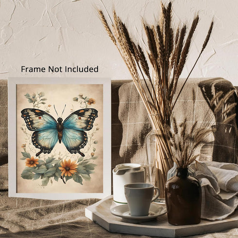 Posterizer 1 pcs- Blue butterfly with wild yellow flowers-Art for Animal Lovers-Floral Botanical Art- Gift for Men Women Entrepreneur Teens-Decor ...