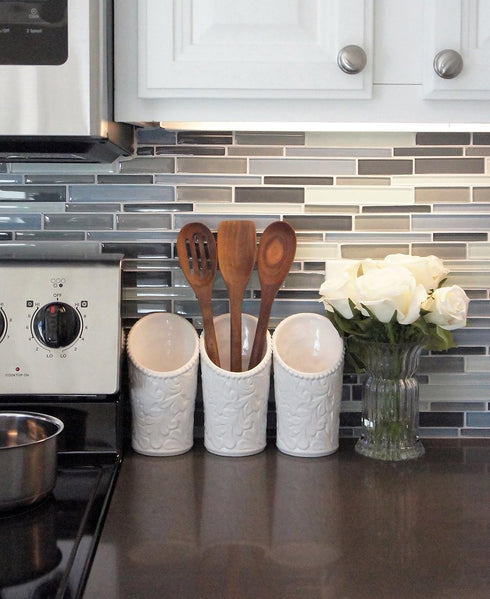 Kitchen Tool Crock (4 Pieces) - 3 Ceramic Utensil Holders (4" Dia x 7" H each) & 1 Metal Caddy - White & Embossed Design...
