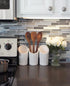 Kitchen Tool Crock (4 Pieces) - 3 Ceramic Utensil Holders (4" Dia x 7" H each) & 1 Metal Caddy - White & Embossed Design...