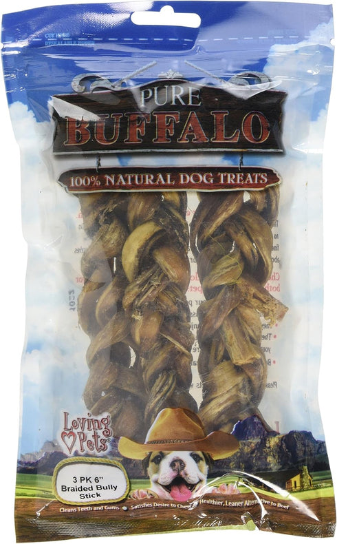 Loving Pets Pure Buffalo 6-Inch Braided Bully Stick Dog Treat, 3-Pack...