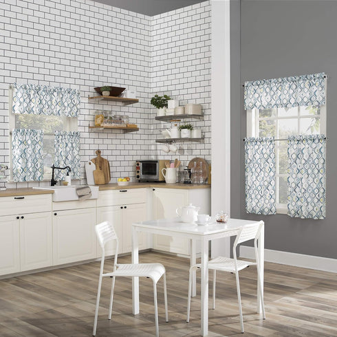 No. 918 Barker Geometric Semi-Sheer Rod Pocket Kitchen Curtain Valance and Tiers Set, 54" x 36", White...