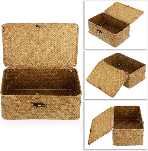 Hipiwe Wicker Shelf Baskets Bin with Lid, Handwoven Seagrass Basket Storage Bins Rectangular Household Basket Boxes for Shelf Wardrobe Home Organi...