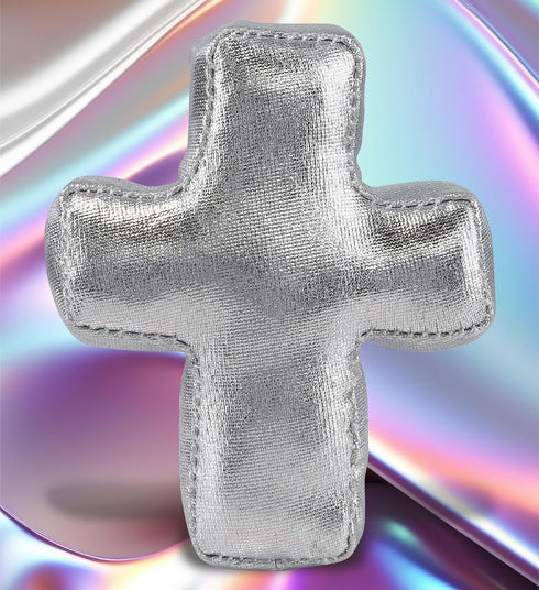 DolliBu Silver Cross Plush - Mini Cross Ornament for Kids Religious Stuffed Animals, Baptismal Gifts, Party Favor and Crafts, Bear Decor for Chris...