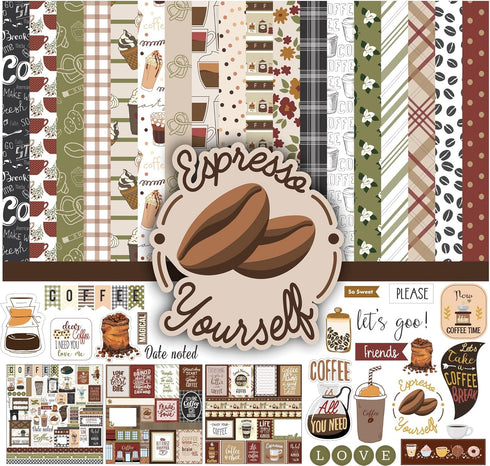 Coffee Theme Collection Double,Sided Scrapbook Paper Kit Cardstock 12"x12" Card Making Paper Pack Of With Sticker Sheet - 16 Pages - Multicolor...