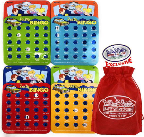 Toysmith Road Trip Bingo Cards Red, Blue, Green & Orange Gift Set Travel Bundle with Bonus Matty's Toy Stop Storage Bag - 4 Pack...