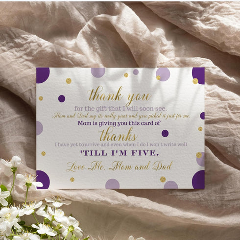 Paper Clever Party Purple and Gold Baby Shower Thank You Cards with Envelopes - Blank Notes with Prefilled Message - Personalize for Girls Gifts -...