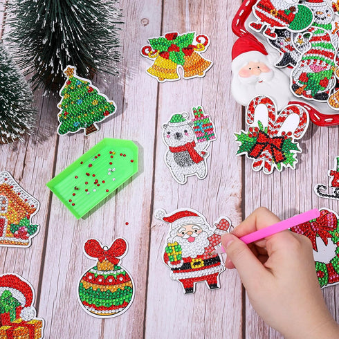 Whaline 20Pcs Christmas Diamond Drawing Refrigerator Magnets DIY Xmas Rhinestone Painting Full Drill Painting Magnetic Stickers Diamond Art Kits f...