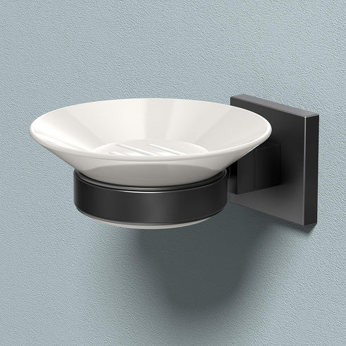 Gatco 1942MX Elevate Soap Dish Holder Matte Black | Wall Mounted 4.31" W X 2.10" H X 5.25" D Porcelain Round White Soap Dish with Matte Black Base...