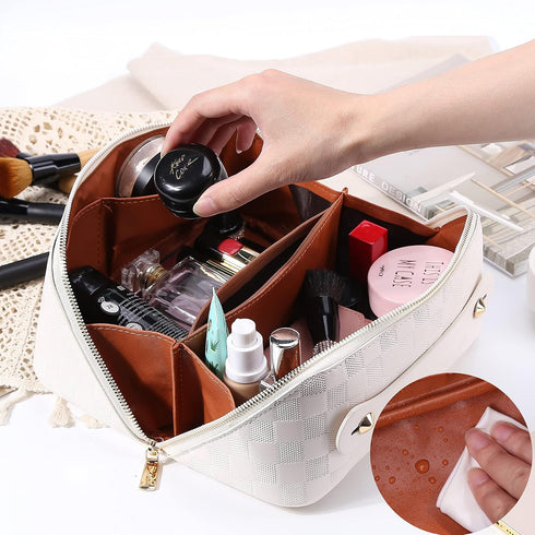 Large Capacity Travel Cosmetic Bag Plaid Checkered Makeup Bag Portable Leather Waterproof Skincare Bag with Handle and Divider for Women...