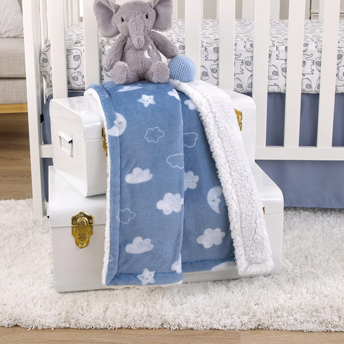 Carter's Blue Elephant - Chambray, and White Clouds, Moon and Stars Super Soft Sherpa Baby Blanket...