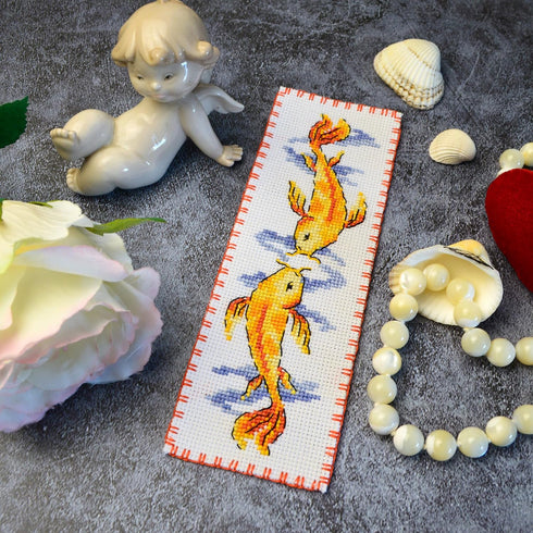 Povitrulya Koi Carp - Counted Cross Stitch Bookmark Kit - Embroidery Set for Adults with Paper pattern, 16-count Aida Canvas and Presorted Floss -...