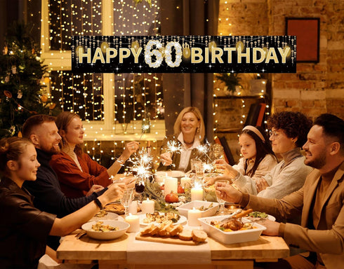 Joyiou Happy 60th Birthday Banner Decorations for Men Women, Gold 60 Year Old Birthday Party Décor Supplies, Happy Sixty Birthday Sign for Outdoor...