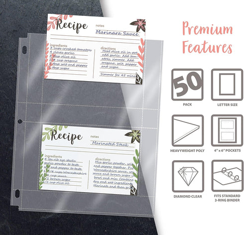 Better Kitchen Products Recipe Card Protective Sheets for 4" x 6" Cards, Letter Size 8.5" x 11" 2-Up Sheets, 50 Pack, Heavyweight, Diamond Clear, ...