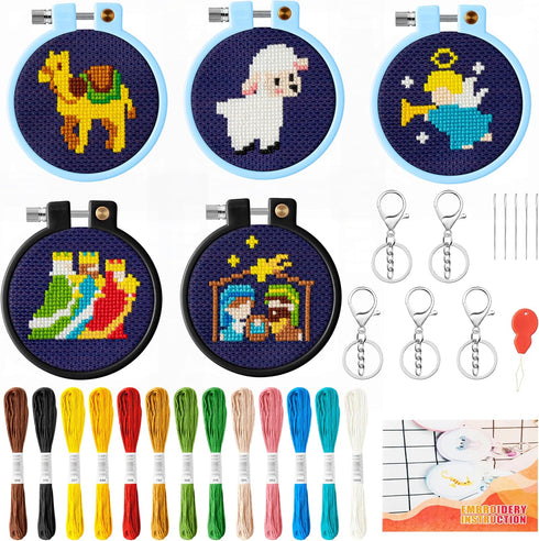 WATINC 9Pcs Jesus Embroidery Kit for Kids, DIY Keychain with Christmas Patterns Needlepoint Starter Kits, Stamped Cross Stitch Craft Supplies for ...