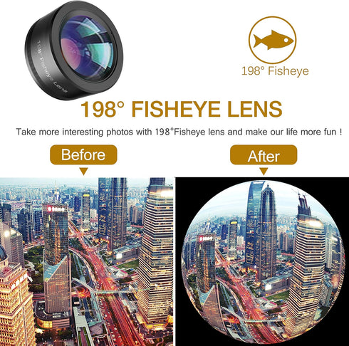 Phone Camera Lens,Upgraded 3 in 1 Phone Lens kit-198° Fisheye Lens + Macro Lens + 120° Wide Angle Lens,Clip on Cell Phone Lens Kit Compatible with...