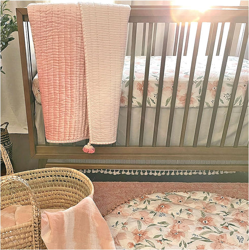 Crane Baby Soft Cotton Crib Mattress Sheet, Fitted Sheet for Cribs and Toddler Beds, Pink Floral, 28”w x 52”h x 9”d...
