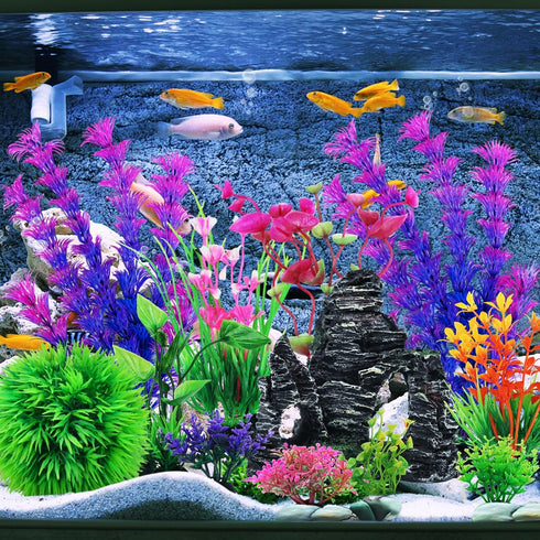 Aquarium Decorations Fish Tank Artificial Plastic Plants, 12pcs Aquarium Decor Plants and Cave Rock Decoration Set Hideout Ornaments, Fish Tank Ac...