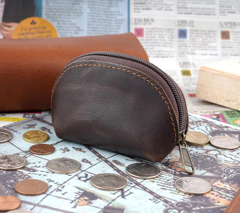 Leather Moon Pocket Coin Case Mini Squeeze Coin Purse Pouch Change Holder Tray Purse Wallet for Men & Women : Dark Brown...
