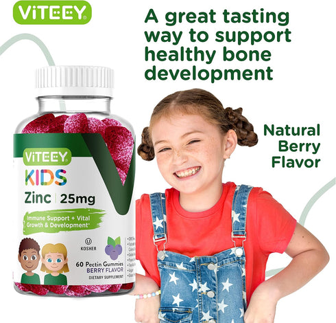 Zinc for Kids Gummies, 25mg - Immune Support for Kids & Teens - Powerful Natural Antioxidant, Kids Zinc Vitamin Supplement - Vegan, Gelatin Free, ...