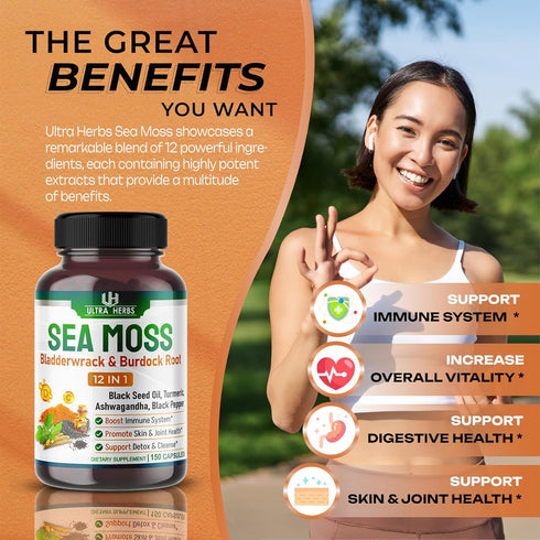 Organic Sea Moss Capsules 12,900mg with Black Seed Oil, Ashwagandha, Burdock Root, Bladderwrack for Immune System, Gut, Skin & Energy *USA made & ...