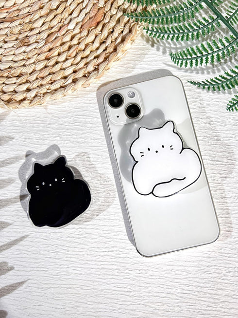 Cartoon Cat Phone Grip Holder, Cute Clear Black White Cat Phone Stand, Expandable Collapsible Transparent Cell Phone Accessory, Phone Charms Table...