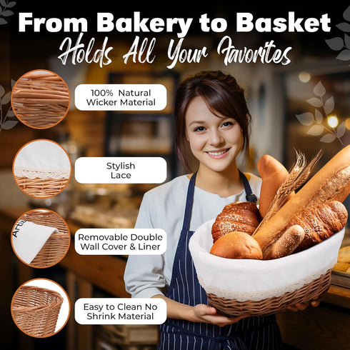 Large Handmade Wicker Bread Basket for Serving Set – 12 inch Sourdough Bread and Pastries Basket with Removable Liner and Cover Bread Storage Cont...