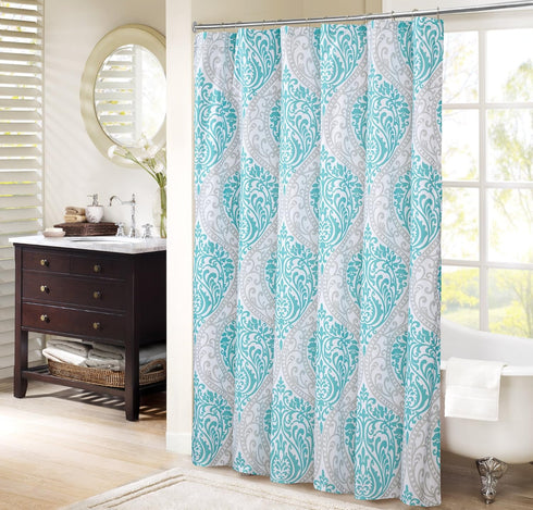 Comfort Spaces Coco Bathroom Shower Curtain Printed Damask Pattern Modern Cute Microfiber Fabric Bath Curtains, 72"x72", Teal / Grey...