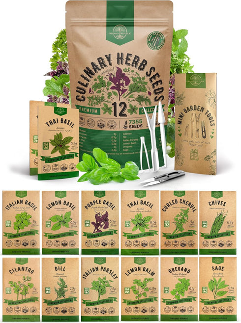 Organo Republic 12 Culinary Herbs Seeds Variety Pack - 7,355+ Heirloom, Non-GMO, Herbs Seeds for Outdoor and Indoor Home Gardening, Including Basi...