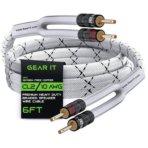 GearIT 10AWG Speaker Cable Wire with Gold-Plated Banana Tip Plugs (6 Feet) in-Wall CL2 Rated, Heavy Duty Braided, 99.9% Oxygen-Free Copper (OFC) -...