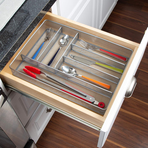 Honey-Can-Do KCH-02162 Steel Mesh 6-Compartment Cutlery Utensil Organizer, Silver, 16x11.25x2...
